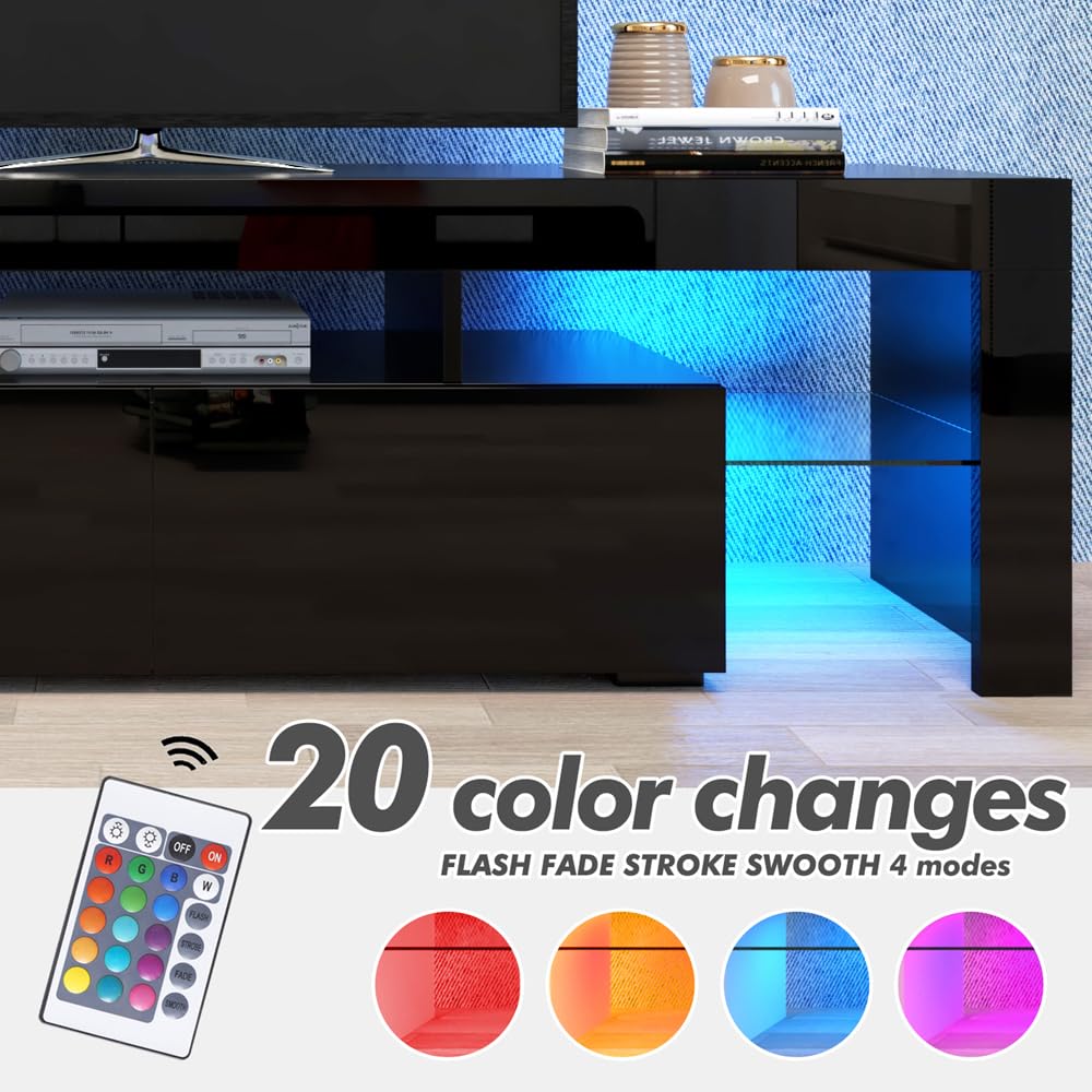 Black TV Stand with 2 Storage and 3 Open Shelves High Gloss LED TV, TV Entertainment Center TV Console Media Gaming TV Table Stands for Up 50 to 70 Inch Hangoo