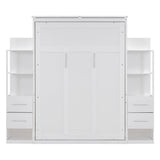 Ball & Cast Murphy Bed Full Size,Wall Bed with Shelves,can be Folded,Wood Cabinet Hideaway Bed Frame W/Drawers and LED Lights,Slat Support,for Kids Bedroom,Student,White Ball & Cast