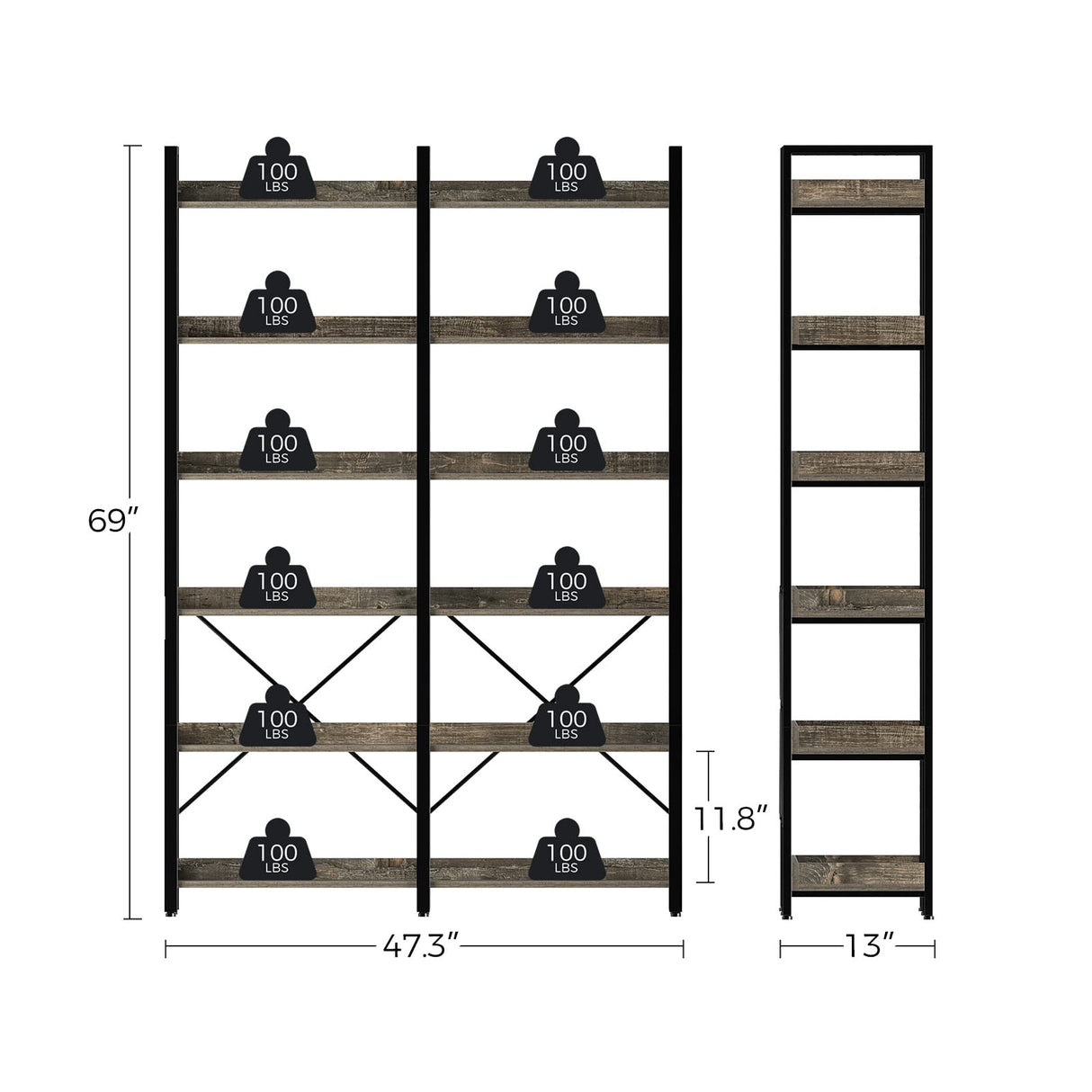 Seventable 6-Tier Industrial Wood and Metal Bookshelf with 4 Hooks – Rustic Grey Display Rack Seventable