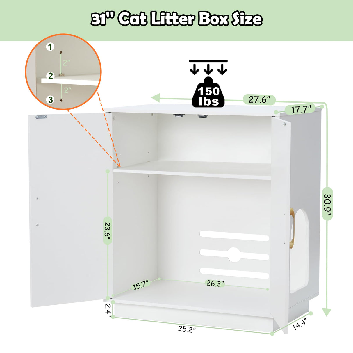 Gitelsnour Litter Box Enclosure, 30.9'' High Large Litter Box Furniture, Modern Cat Litter Box Enclosure with Hidden Storage, Side Table, End Table, White GCLB003WT Gitelsnour