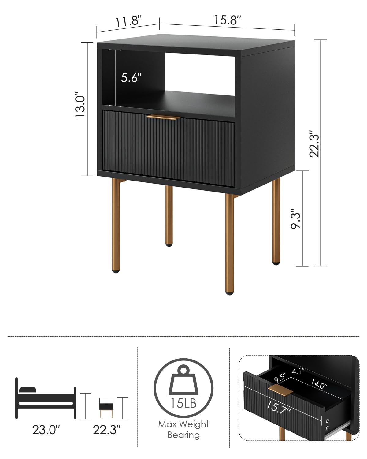 AEPOALUA Nightstand,Small Bedside Table with Gold Frame,Black Night Stand,Bedside Furniture,End Table,Side Table with Drawer and Shelf for Bedroom,Living Room (Modern-Stripe, Black) AEPOALUA
