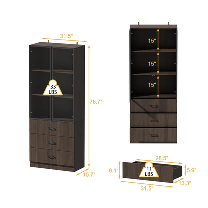 Homsee 31.5”W Storage Display Cabinet Curio Cabinet with Light & Pop-up Glass Doors, Bookcase with 3-Tier Shelves & 3 Drawers for Living Room/Home Office, Dark Brown (31.5”W x 15.7”D x 78.7”H)