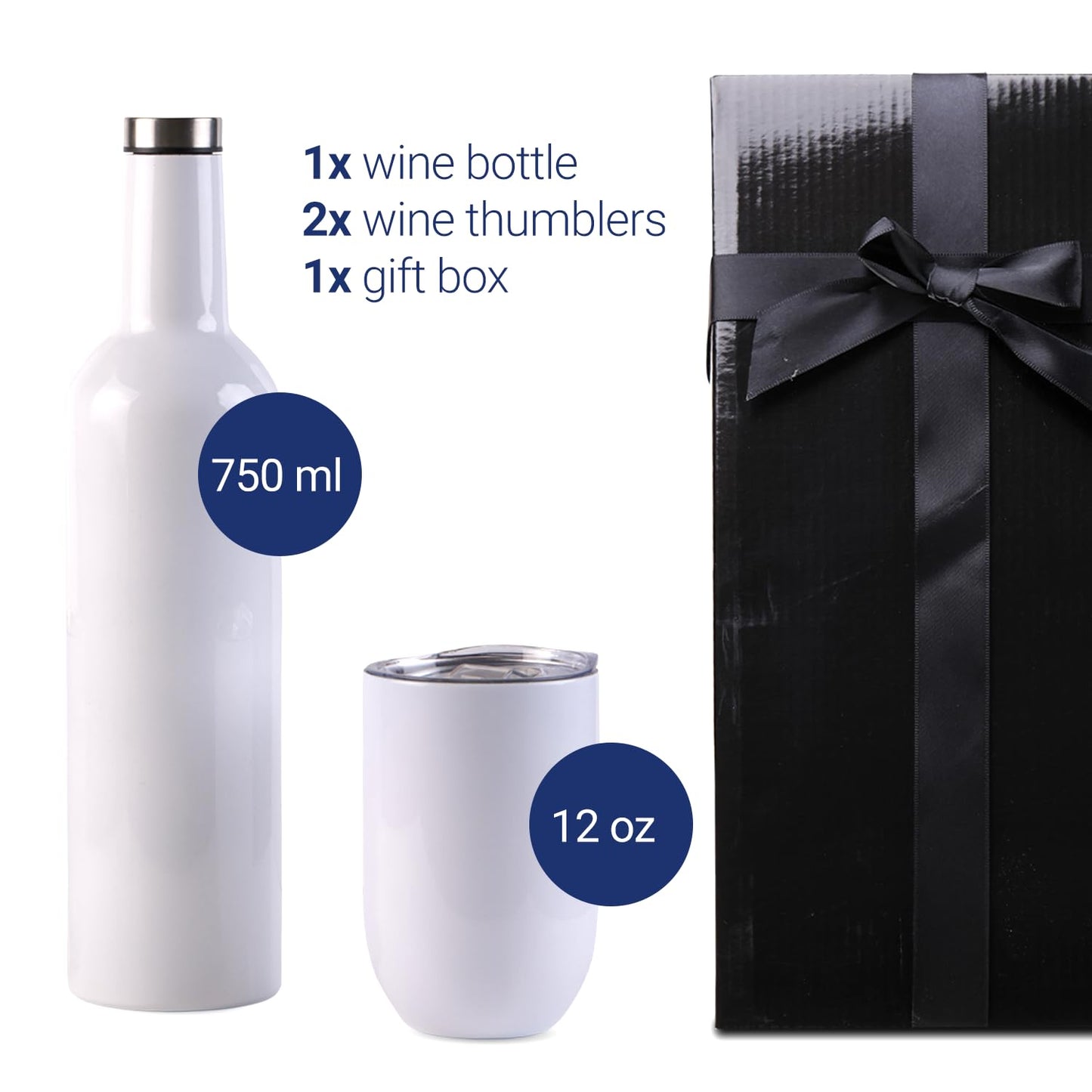 SDN CUSTOM Double Wall Insulated Sublimation Stainless Steel Wine Bottle 750 ml Gift Box Set with 2 Tumblers 12oz, Premium Coating for Vibrant Printing Results