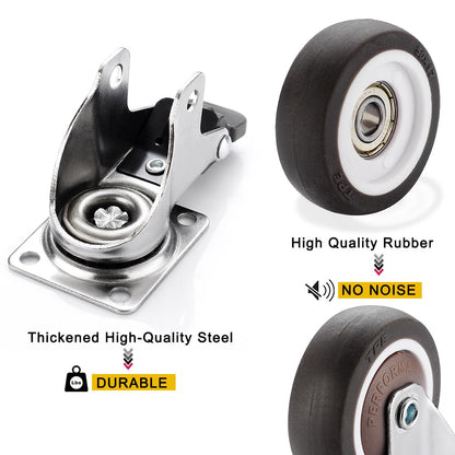 1.5 Inch Caster Wheels for Small Furniture Heavy Duty Casters, Rubber 360º Swivel Casters Set of 4 (2 with Brakes&2 Without), Locking Plate Casters for Carts, Cabinet Moving