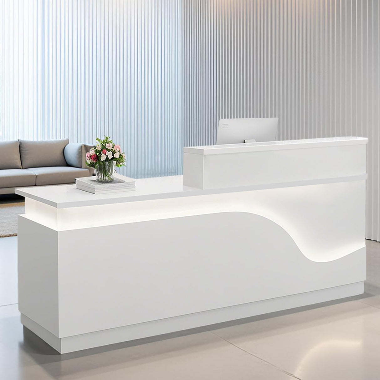 STLWR Modern Reception Desk with Locking Drawers, of Multi-Layer Solid Wood, Three-Color LED Light Strip & File Cabinet, Office Display Counters Retail Reception Desk (All White-Left, 63") Generic