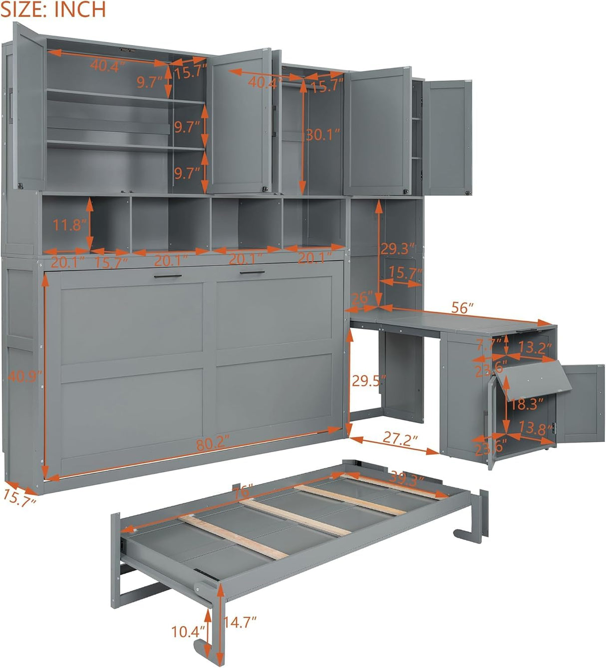 Virubi Twin Horizontal Murphy Bed with Desk and Wardrobe Closet,Wood Twin Folding Murphy Wall Bed with Storage Shelves Cabinets and Drawers for Adult (Grey) Virubi