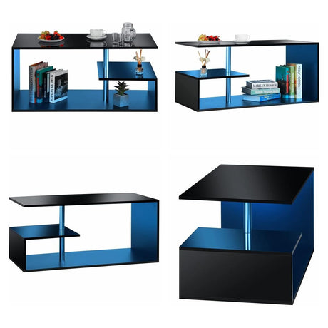 HOMMPA LED Coffee Tables for Living Room Modern Black Coffee Table with S-Shaped 3 Tiers Open Storage Shelf High Gloss Center Sofa Tea Table with LED Lights for Home Office Furniture Black 18" Tall HOMMPA
