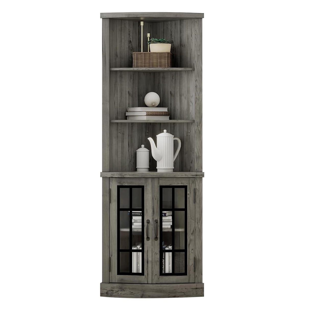 AMERLIFE Curved Corner Storage Cabinet, 65" Tall Freestanding Bookcase with Glass Doors & Adjustable Shelves, 5-Tier Corner Display Cabinet for Living Room, Bathroom, Laundry Room, Washed Grey AMERLIFE