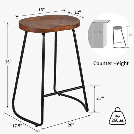 HeuGah Bar Stools, Solid Wood Barstools Set of 2, 26" Counter Height Bar Stools with Metal Leg, Rustic Backless Bar Stools for Kitchen Island, Bar Chairs with Solid Wood Saddle Seat (Walnut, 26 Inch) HeuGah