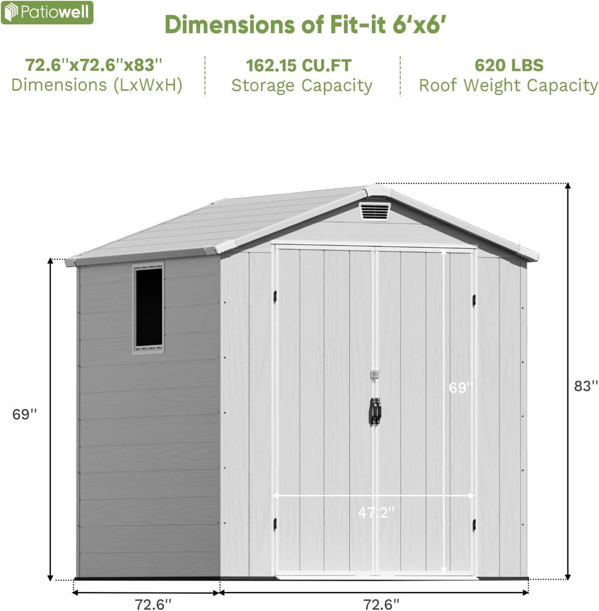 Patiowell 6x6 FT Outdoor Storage Shed with Floor - Resin Tool Shed with Lockable Door & 2 Windows, Easy Assembly for Garden, Backyard, Lawn Equipment, Light Grey Patiowell