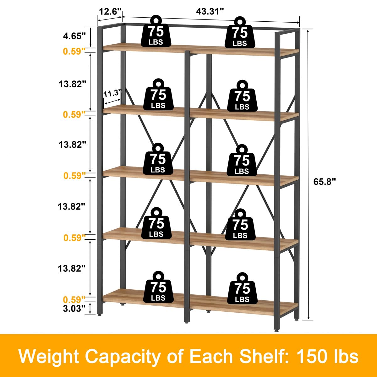 BON AUGURE 5-Tier Vintage Oak Industrial Bookshelf - Heavy Duty Etagere Shelving Unit for Home & Office - WoodArtSupply