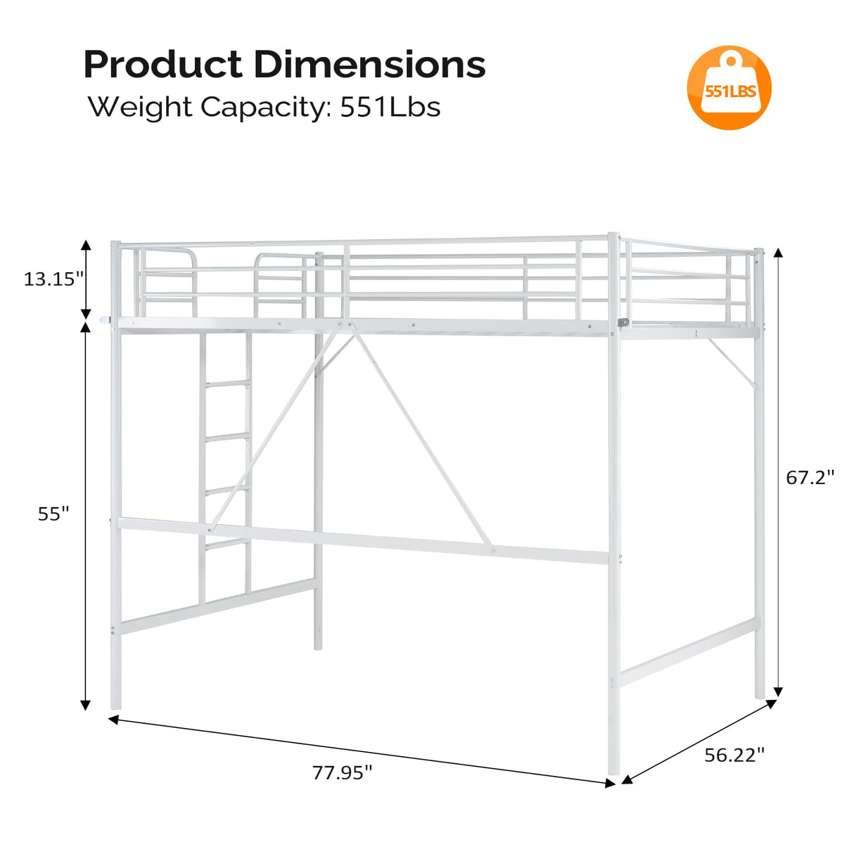 VINGLI Loft Bed Full Size with Flat Rungs for Adults, Kids and Young Teens, No Box Spring Required,Heavy Duty Metal Slat Support,White VINGLI
