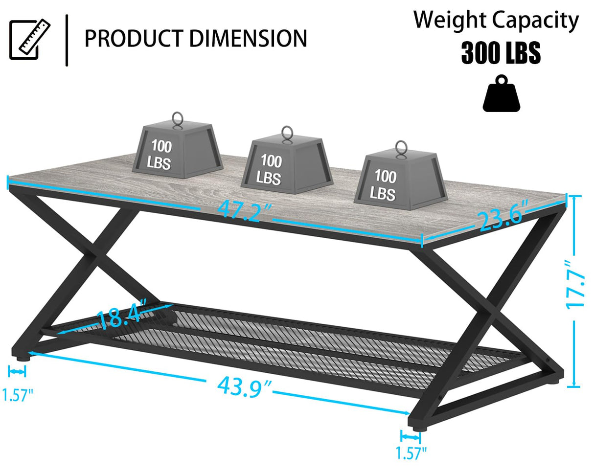 LVB Gray Coffee Table, Farmhouse Wood Metal Center Table with Storage for Living Room, Industrial Wooden 2 Tier Rectangle Cocktail Tea Table with Mesh Shelf for Office Bedroom, 47 inch, Light Grey Oak LVB