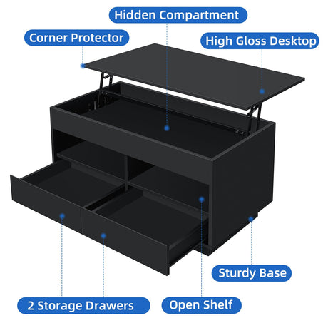 LED Coffee Table for Living Room Lift Top Coffee Tables with Storage Morden High Gloss 4 Tiers Black Tea Table Center Tables Sofa Hidden Compartment & 2 Open Shelve & 2 Drawers HOMMPA
