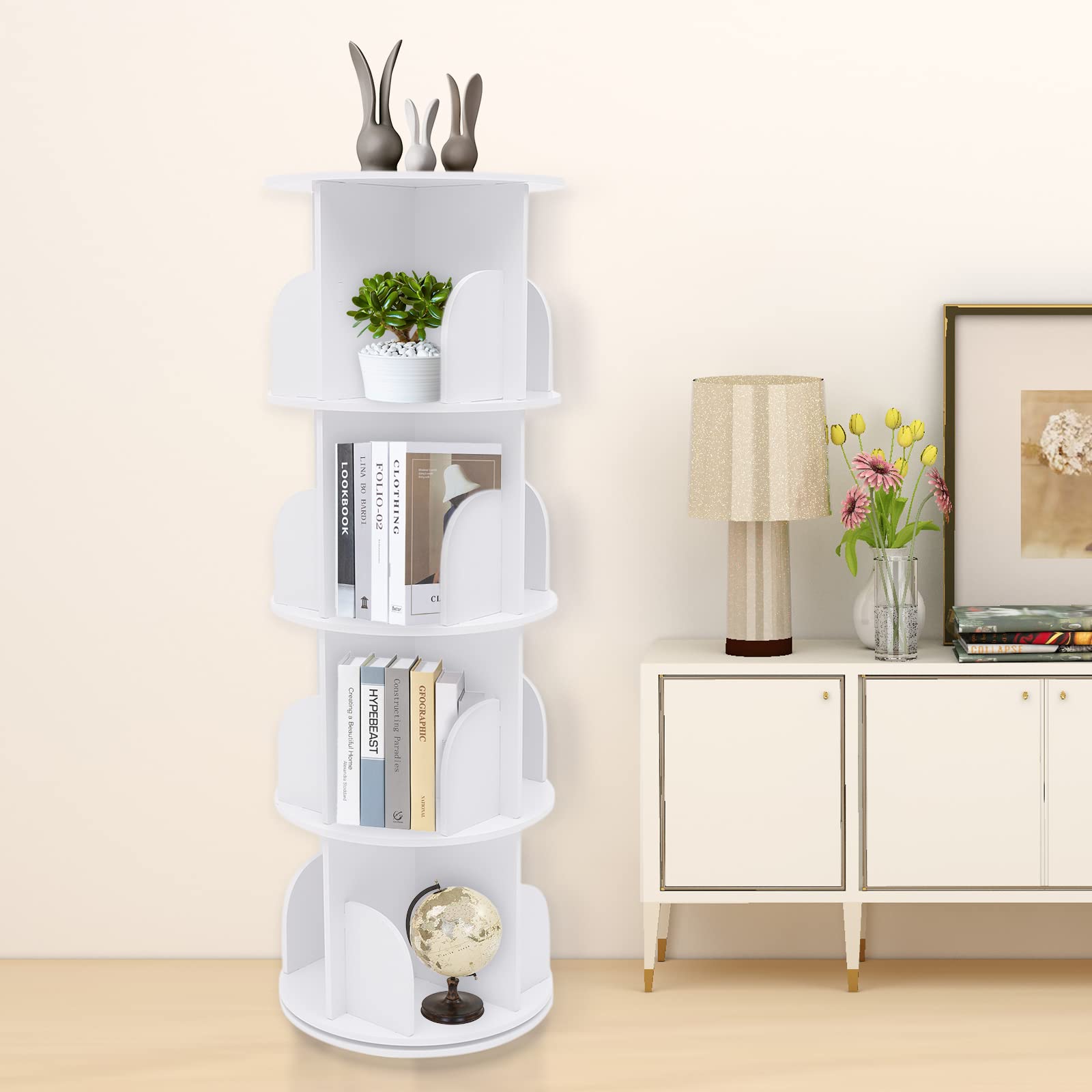 HAPPCUCOE 360° Rotating 4-Tier Bookcase - Stylish Floor Standing Organizer for Any Space - WoodArtSupply