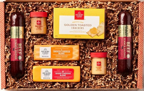 Hickory Farms Gift Basket Hearty Beef Summer Sausage and Cheese Sampler with bonus Holiday Magnet - Meat and Cheese Set including 2 Sausages, Smoked Cheddar Blend 4 oz, Farmhouse Cheddar 4 Oz Hickory Farms