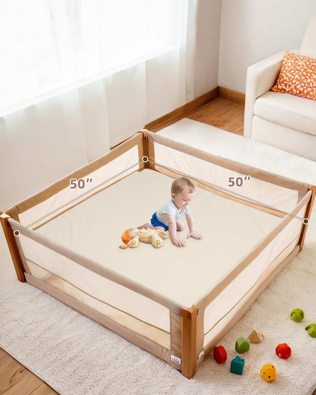 SEPARO Baby Play Mat for Floor,1.3" Thick Foam Nursery Rug with Removable Washable Cover,Non Slip Soft Velvet Kids Play Crawling Mat for Toddlers,Infants,Yoga Mat,Tatami Mat,50x50 Inch Beige SEPARO