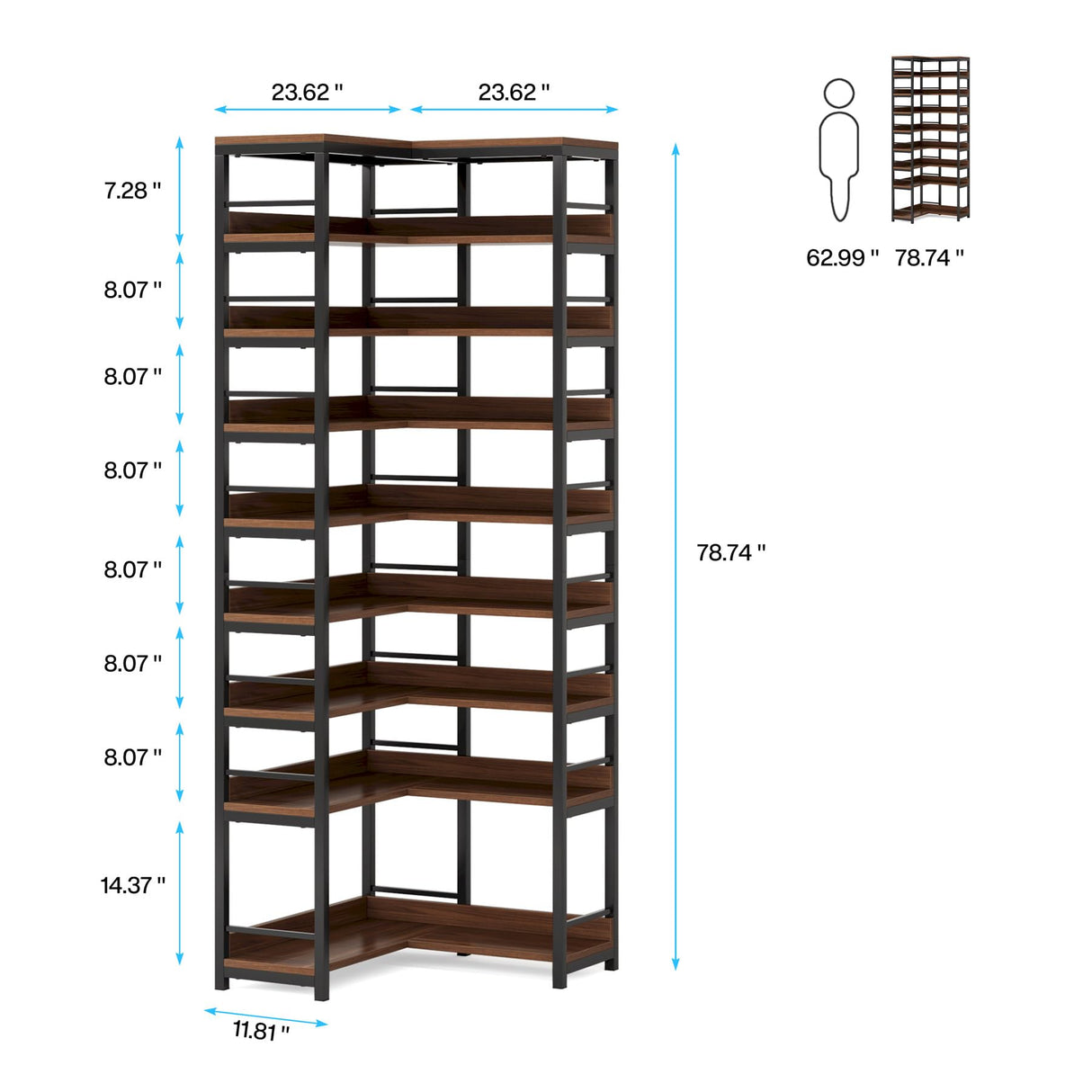 Tribesigns 9 Tiers Corner Shoe Rack, Tall Vertical Shoe Rack Organizer, Free Standing Large Shoe Storage Shelf for Entryway Hallway Closet, Space Saving, Rustic Brown Tribesigns