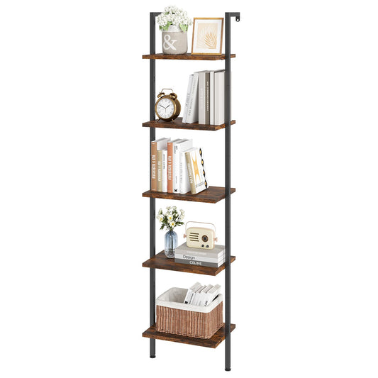 ELYKEN Ladder Shelf, 5-Tier Wood Wall Mounted Bookshelf with Metal Frame, Vintage Open Display Organizer Rack, Leaning Storage Shelves for Living Room, Bedroom, Home Office, Rustic Brown - WoodArtSupply