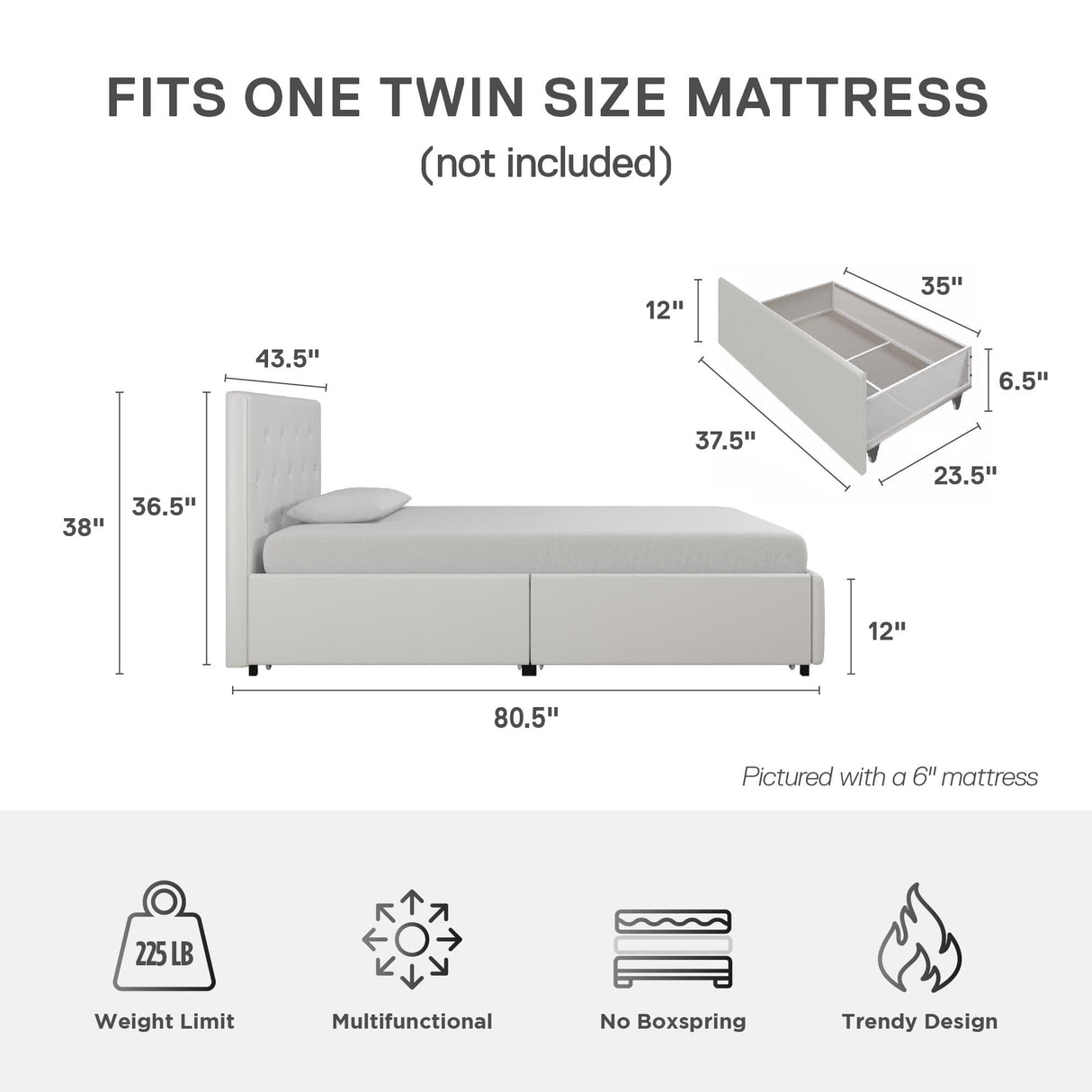 DHP Dakota Upholstered Platform Bed with Underbed Storage Drawers and Diamond Button Tufted Headboard and Footboard, No Box Spring Needed, Twin, White Faux Leather DHP