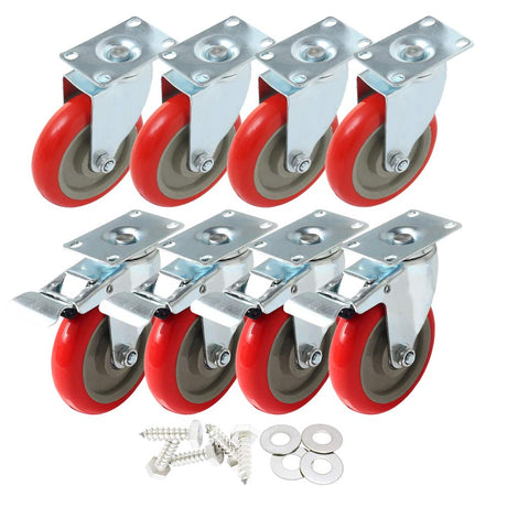 8 Pack 5 Inch Combo Caster Swivel Plate 4 w/Brake & 4 Plate Heavy Duty on Red PU Wheels with Heavy Duty Screws FactorDuty