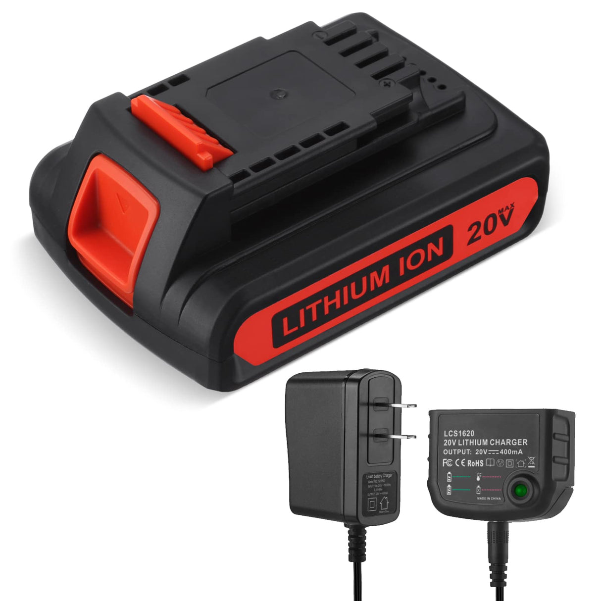 LBXR20 20V 3.0Ah Replacement for Black and Decker 20V Lithium Battery LB20 LBX20 LBXR20-OPE LBXR2020-OPE LB2X4020-OPE LBXR20B-2 LST220 LST300,with 16V/20V Multiple Volt Output Battery Charger ORHFS