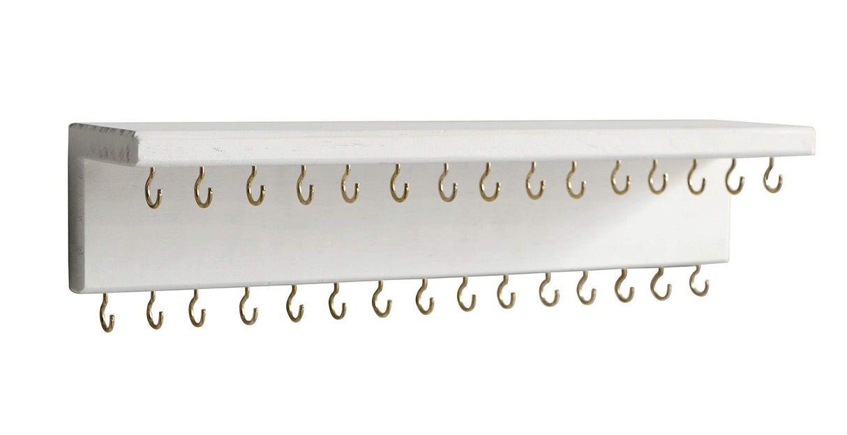 SANY DAYO HOME Jewelry Organizer with 30 Hooks and Cosmetics Shelf, 15 x 3 x 4 inches Wall Mounted Rustic Pine Wood Holder for Necklaces and Bracelets, Suitable for Kids and Adults (Retro White) SANY DAYO HOME