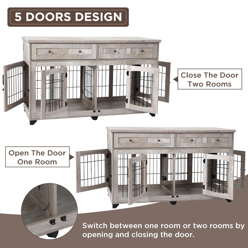 Dog Crate Furniture with 5 Doors,58" Wooden Dog Kennel End Table with Large Capacity Drawers,Dog House with Openable Divider for Small/Medium/Large Dog,Dog Cage,Side End Table,Rustic Grey - WoodArtSupply