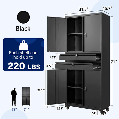 Yizosh Metal Garage Storage Cabinet with Locking Doors and Adjustable Shelves, Rolling Tool Storage Cabinet with 4 Wheels and 2 Drawer - 74" Steel Locking Cabinet for Garage, Warehouse Yizosh