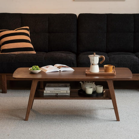 100% Solid Wood Coffee Table for Living Room, 39.37" Mid Century Modern Tables with Shelf Storage, 2-Tier Coffee Table with Rounded Corners (Oak Wood Walnut Color, 39.37" L) Vadisun