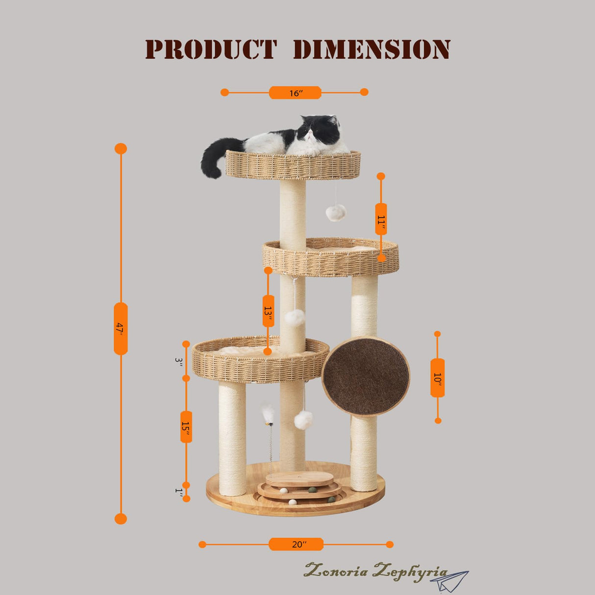 Solid Wood Cat Tree,Modern Cat Tower with Scratching Posts, Hand-Woven Beds & Toys | Heavy-Duty 20lbs Capacity,Indoor Cat Furniture for Big Cats Zonoria Zephyria