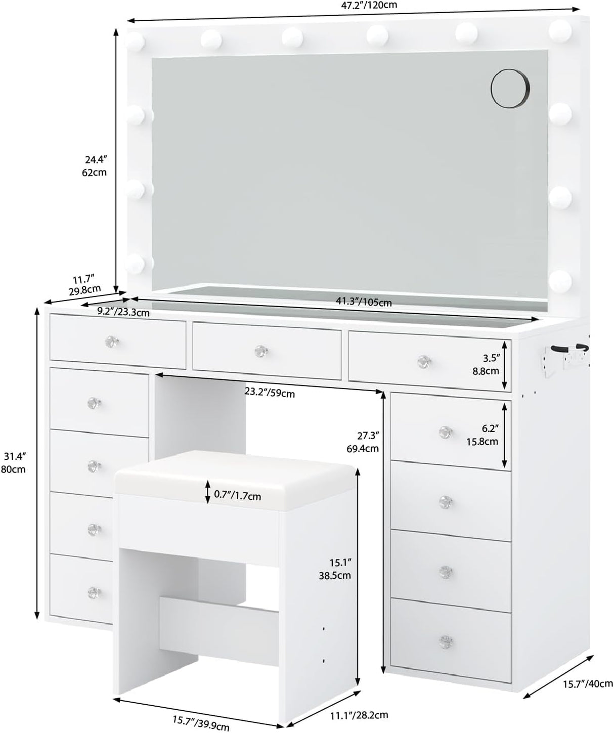 FUSOU Vanity Desk with Power Outlet, Makeup Vanity with Mirror and 12 LED Lights, 3 Lighting Modes,11 Drawers Vanity Table with Chair, Glass Top, Dressing Table for Bedroom,Dressing Room (White) FUSOU