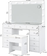 FUSOU Vanity Desk with Power Outlet, Makeup Vanity with Mirror and 12 LED Lights, 3 Lighting Modes,11 Drawers Vanity Table with Chair, Glass Top, Dressing Table for Bedroom,Dressing Room (White) FUSOU
