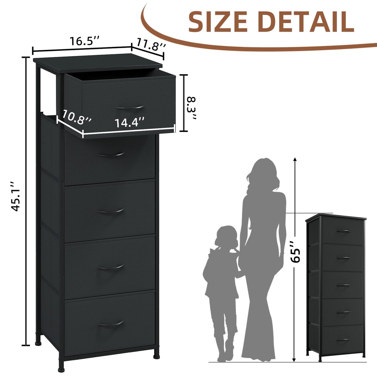 Somdot Tall Dresser for Bedroom with 5 Drawers, Storage Organizer Chest of Drawers with Removable Fabric Bins for Closet Bedside Living Room Laundry Entryway Hallway, Black Somdot