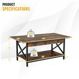 COSTWAY Industrial Coffee Table, 2-Tier Wood Cocktail Tea Table with Storage Shelf and X-Shape Steel Frame, Rectangle Sofa Side Accent Table for Living Room Home Office, Rustic Brown COSTWAY