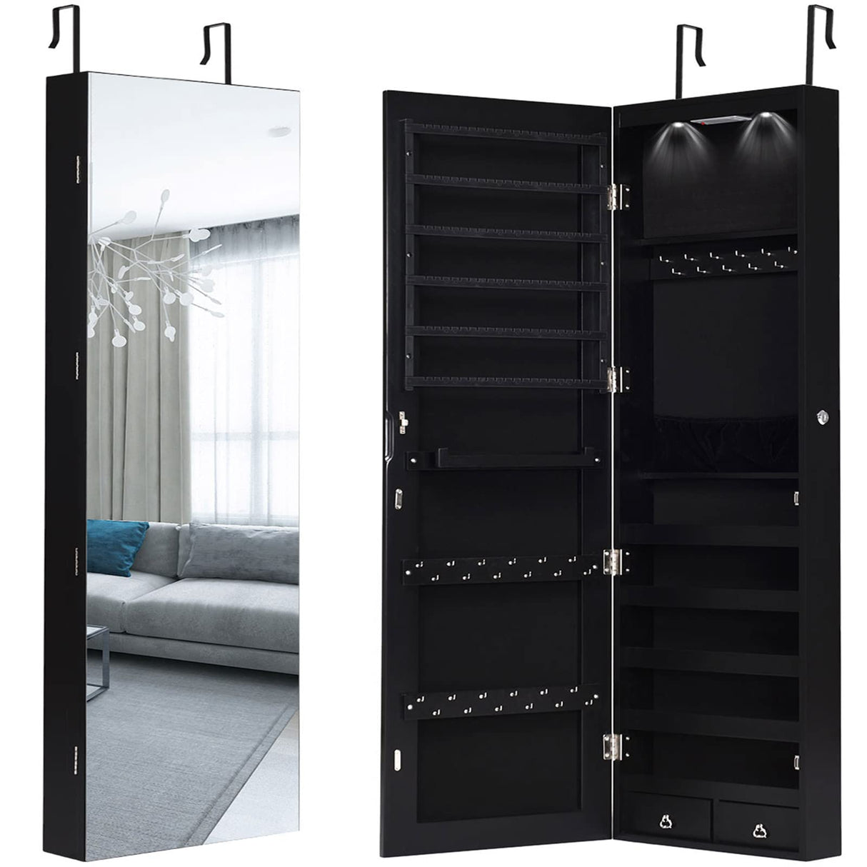 Giantex Wall Door Mounted Jewelry Armoire Cabinet with 47.5" H Full Length Mirror, 2 LEDs Lockable Jewelry Organizer Box with Bracelet Rod, 2 Drawers, Large Storage Capacity (Black) Giantex