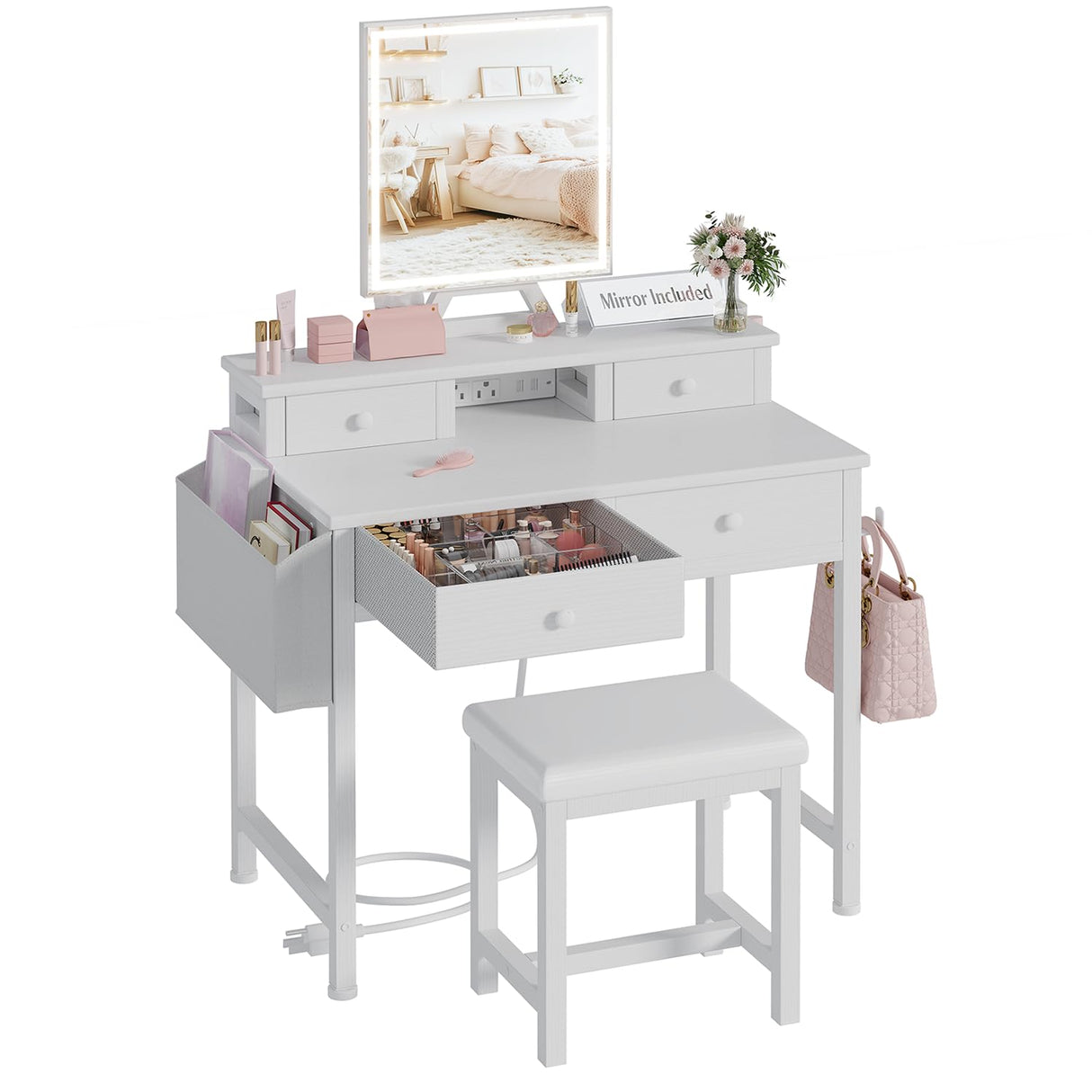 KAI-ROAD White Makeup Vanity Desk with Mirror and Lights, Vanity Set with Chair, Make Up Dresser Table with Drawers and Power Outlet for Girls Bedroom Small Space KAI-ROAD