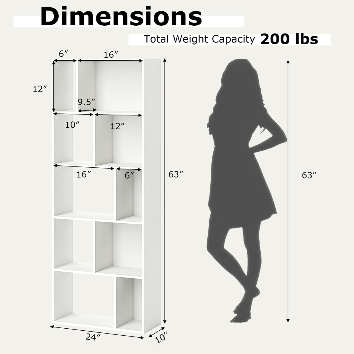 Nightcore 63” Tall Freestanding Display Shelf, 5-Tier Geometric Bookcase with 10 Storage Cubbies, Anti-toppling Devices, Modern Bookshelf for Living Room, Bedroom, Home Office, White WoodArtSupply