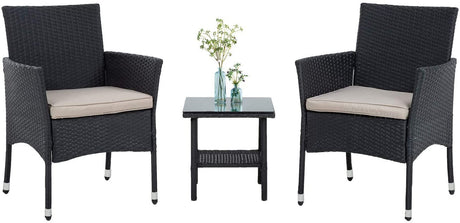 3 Piece Furniture Patio Chairs Wicker Outdoor Rattan Conversation Bistro Set for Backyard Porch Poolside Lawn (Black) PayLessHere