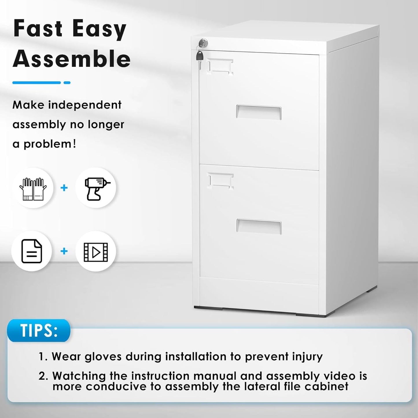 INTERGREAT 2 Drawer File Cabinet, White Metal Filing Cabinet with Lock, Lockable Narrow Storage Cabinet with 4 Adjustable Hanging Rods for Home Office - WoodArtSupply