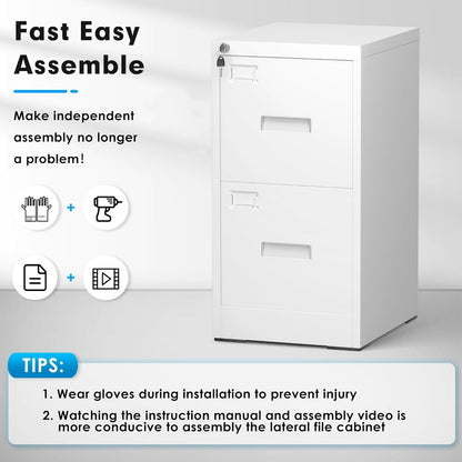 INTERGREAT 2 Drawer File Cabinet, White Metal Filing Cabinet with Lock, Lockable Narrow Storage Cabinet with 4 Adjustable Hanging Rods for Home Office - WoodArtSupply