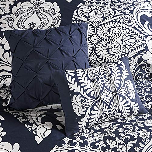 Madison Park Vienna Cotton Poly Blend Duvet Set - Classic Traditional Design, Cozy All Season Comforter Cover, Matching Shams, Decorative Pillows Vienna, King/Cal King(104"x92"), Indigo 6 Piece Madison Park