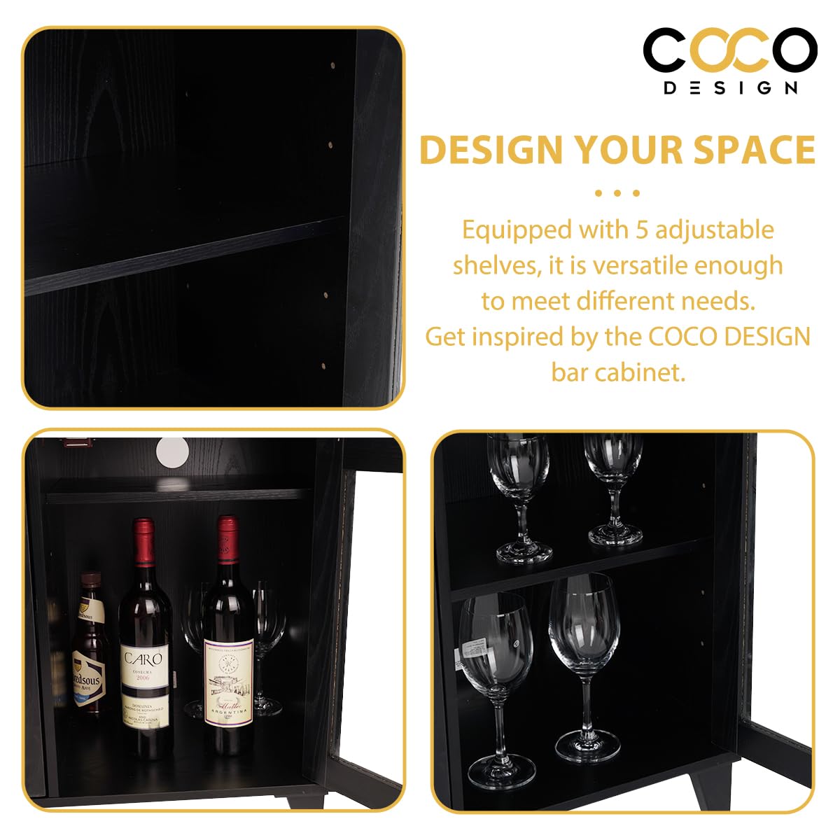 COCO DESIGN Small Bar Cabinet, Black Modern Liquor Wine Cabinet with Storage with Led Light for Home, Farmhouse Buffet Coffee Sideboard with Glass Door & Wavy Wine Rack for Kitchen - WoodArtSupply