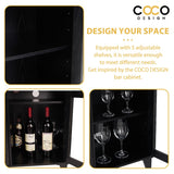 COCO DESIGN Small Bar Cabinet, Black Modern Liquor Wine Cabinet with Storage with Led Light for Home, Farmhouse Buffet Coffee Sideboard with Glass Door & Wavy Wine Rack for Kitchen COCO DESIGN