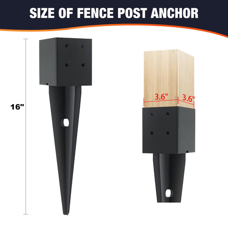 6 Pcs 4x4 Fence Post Anchor Ground Spike（Inner Size 3.6"x3.6" 16" Black Powder Coated–Mailbox Post Anchors, for Deck,Fence,Railing,Mailbox.. XIHUWZ
