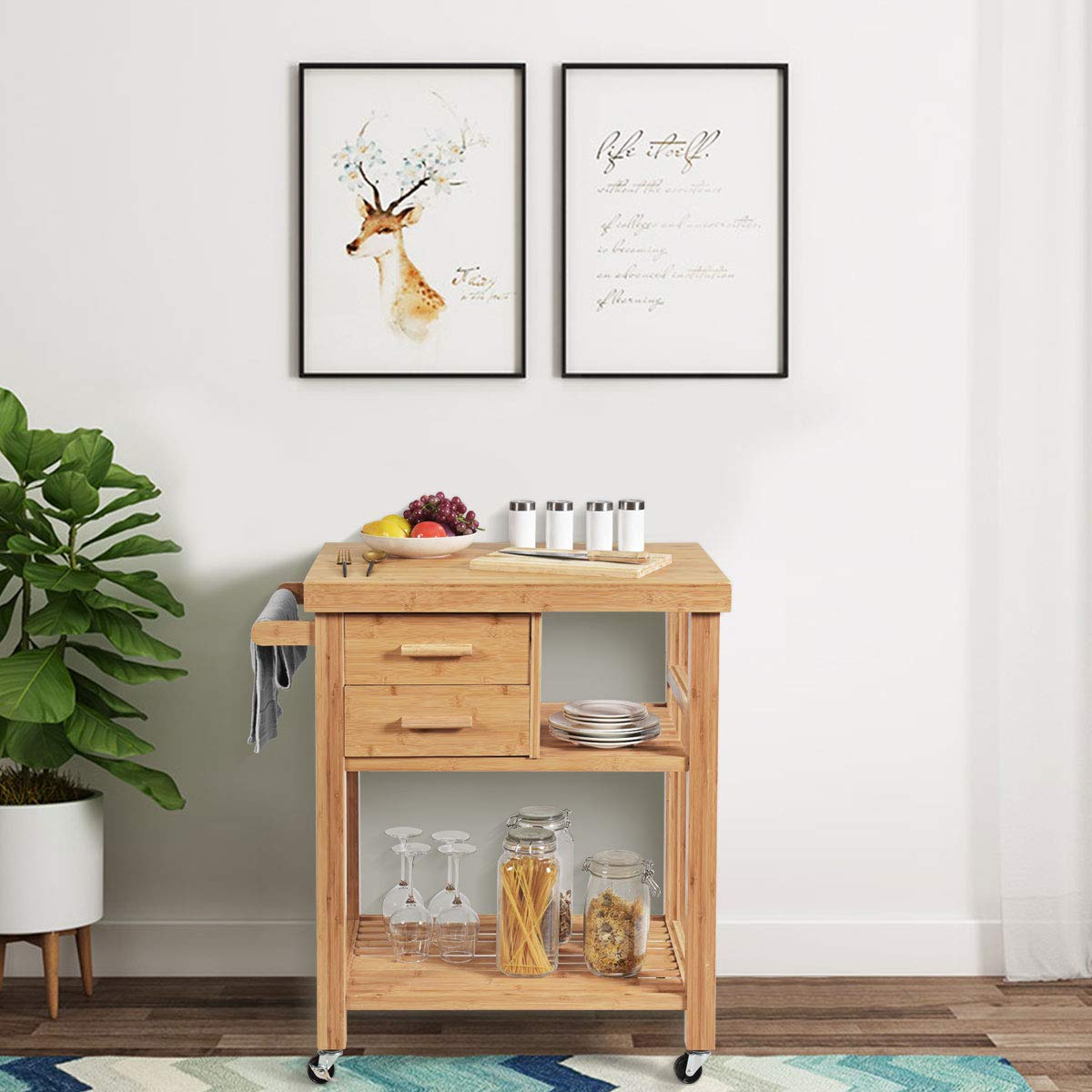 Giantex Kitchen Island, Bamboo Island Cart, Kitchen Trolley Cart on Wheels, Rolling Kitchen Cart, 2 Drawers, Towel Rack, Casters with Lock (Natural) Giantex