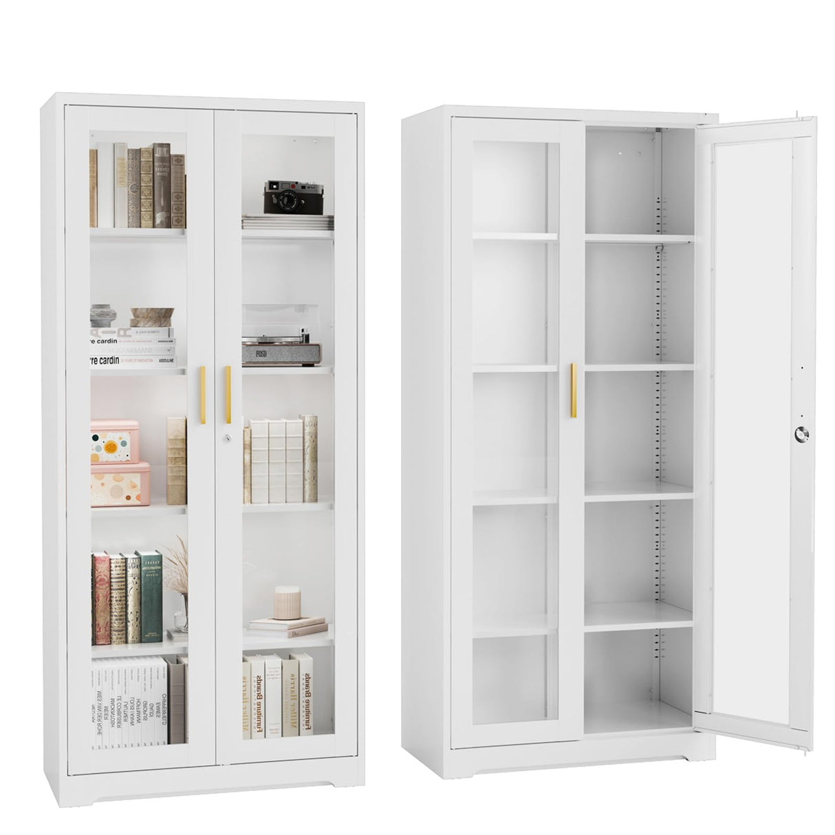 Kubohogar Display Cabinet with Glass Doors,71" Metal Curio Cabinets with 4 Adjustable Shelves, 5 Tier Display Case for Collectibles, Metal Storage Cabinet, White Kubohogar