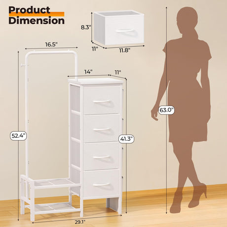 LZNIOZ Dresser with Hanging Rack - 52" Tall Clothes Rack with Drawers, 4 Drawers & 4 Side Bags, Fabric Chest of Drawers with with Bottom Shelves, Kids Dresser for Bedroom, Living Room-White LZNIOZ