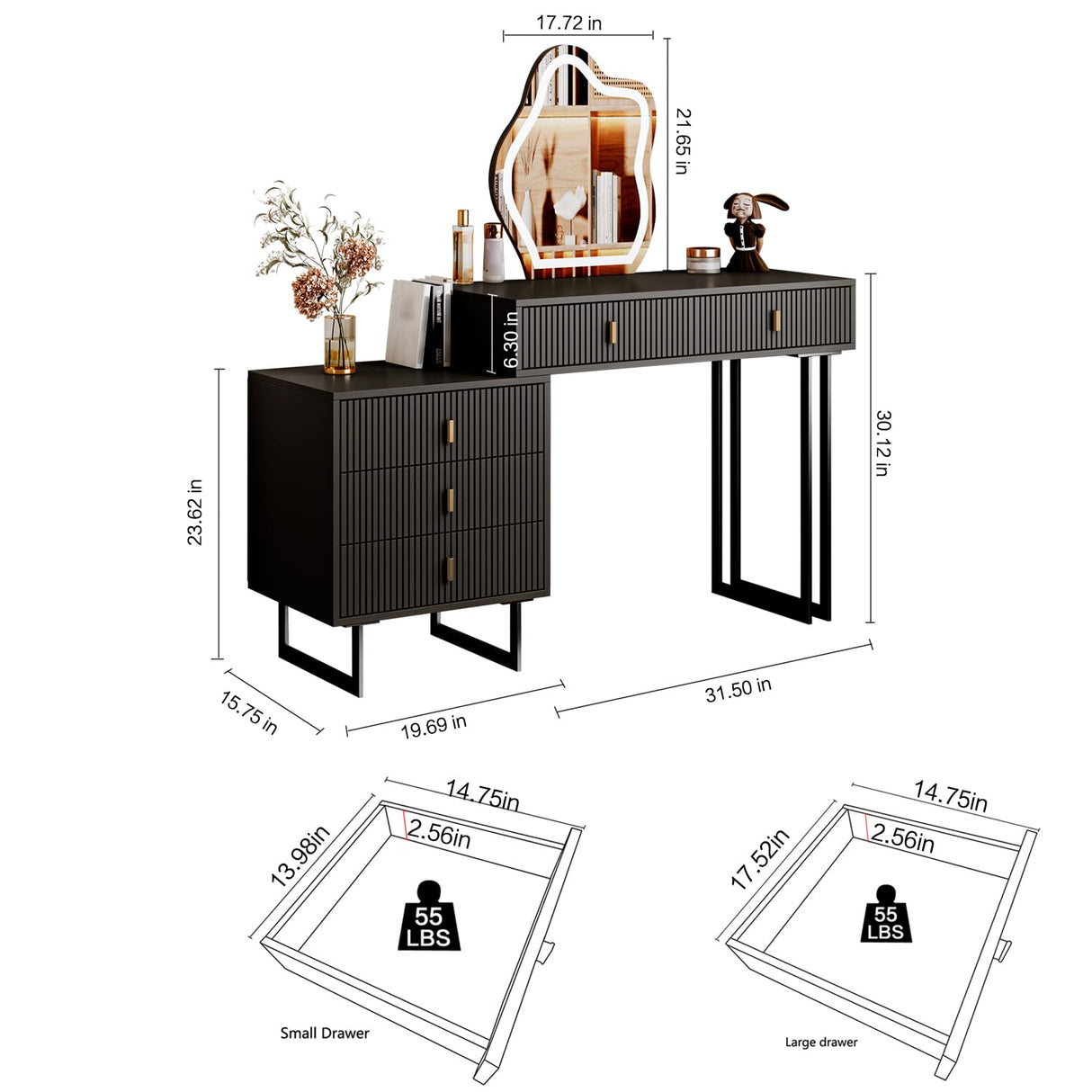 Ieejdn Black Vanity Desk with Mirror and Lights,Small Makeup Vanity with 5 Drawers，Modern Makeup Table with Adjustable Cabinet for Bedroom,Makeup Room Ieejdn