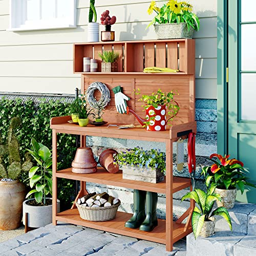 EOVTK 65" Large Potting Bench Table, Outdoor Farmhouse Rustic Wooden Garden Workstation with 4 Storage Shelves and Side Hook for Backyard, Mudroom, Natural